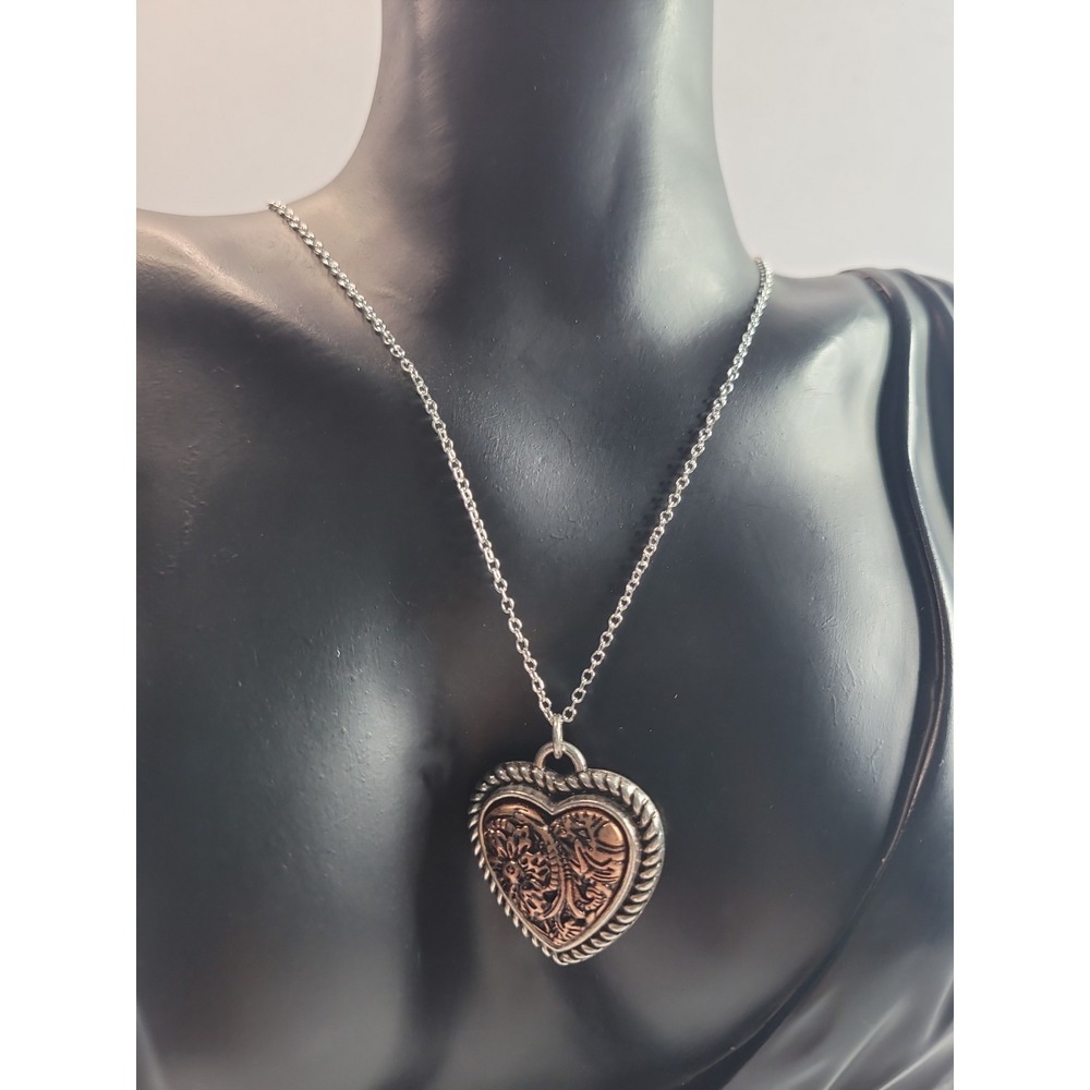 Western Heart Pendant Necklace Silver Tone Copper Floral Scroll‎ Country Jewelry
